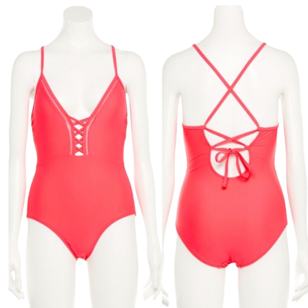 NEW! INDIGO REIN Lattice One Piece Swimsuit Taffy Plunging V-neck Lined Small